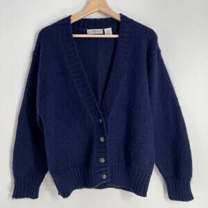 Vtg Le Moda Mohair Wool Blend Cardigan Sweater Womens Medium Navy Blue V Neck